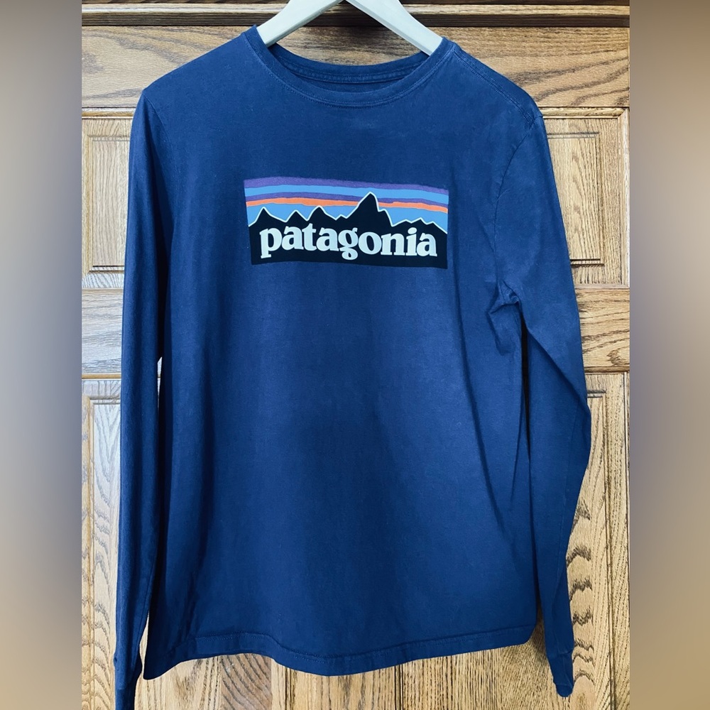Patagonia Kids Long Sleeve Logo Tee – XXL (16-18) – Navy – Organic Cotton